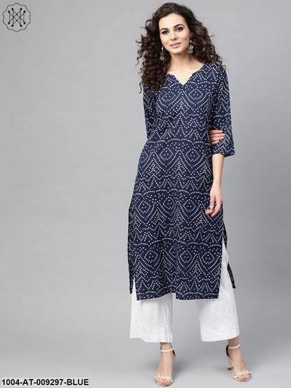 Navy Blue Bandhani Straight Kurta Round Neck V Slit & 3/4 Sleeves