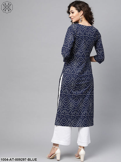 Navy Blue Bandhani Straight Kurta Round Neck V Slit & 3/4 Sleeves
