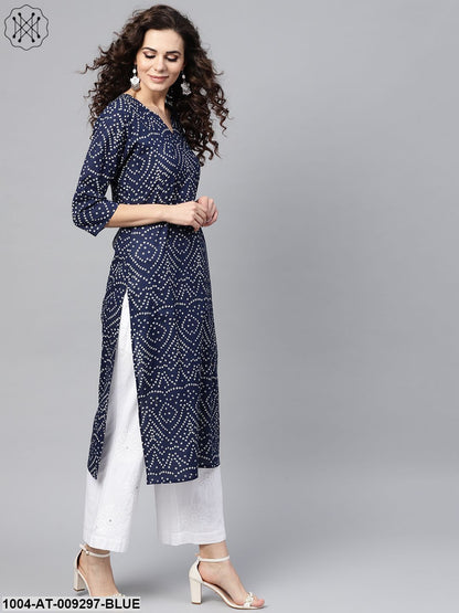 Navy Blue Bandhani Straight Kurta Round Neck V Slit & 3/4 Sleeves