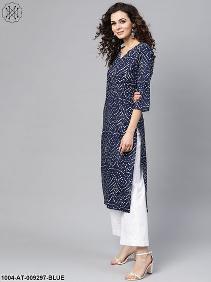 Navy Blue Bandhani Straight Kurta Round Neck V Slit & 3/4 Sleeves