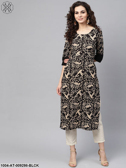 Black & Beige Printed Straight Kurta With Round Neck & Solid Black Cuff Detailing