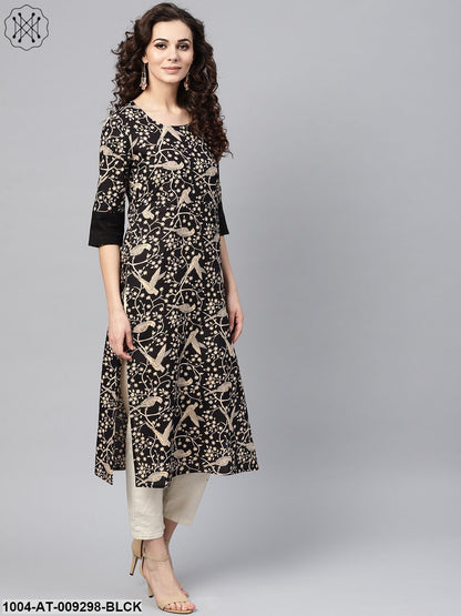 Black & Beige Printed Straight Kurta With Round Neck & Solid Black Cuff Detailing