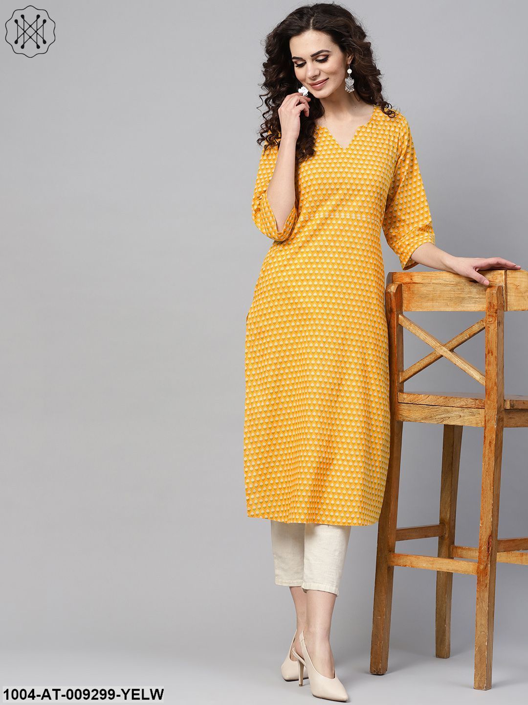 Yellow Printed Straight Kurta With Round Neck V Slit & 3/4 Sleeves