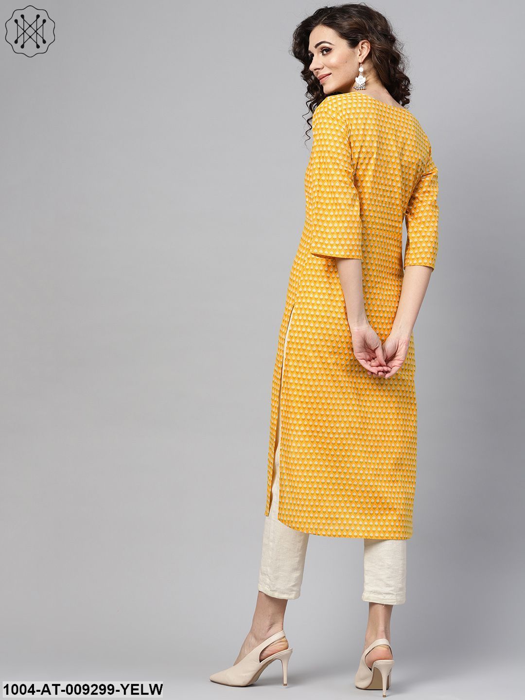 Yellow Printed Straight Kurta With Round Neck V Slit & 3/4 Sleeves