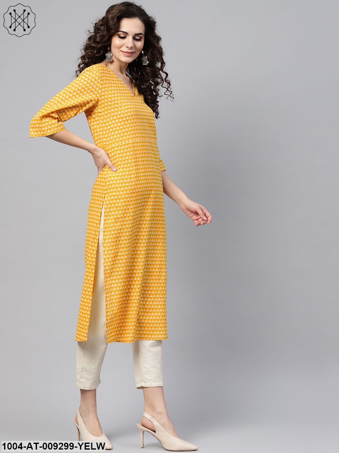 Yellow Printed Straight Kurta With Round Neck V Slit & 3/4 Sleeves