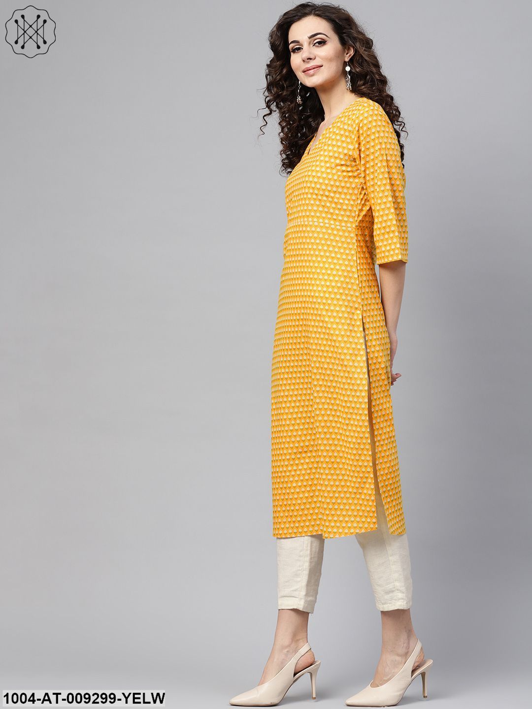 Yellow Printed Straight Kurta With Round Neck V Slit & 3/4 Sleeves