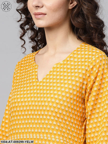 Yellow Printed Straight Kurta With Round Neck V Slit & 3/4 Sleeves