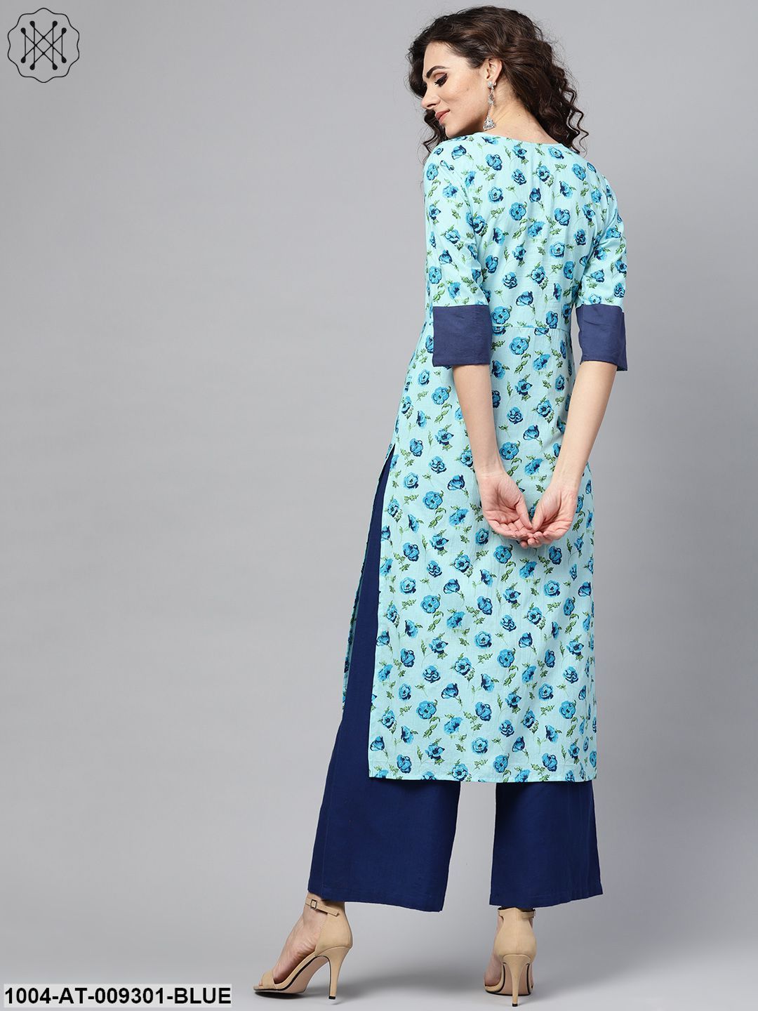 Light Blue Printed Straight Kurta With Round Neck & Solid Cuff Detailing