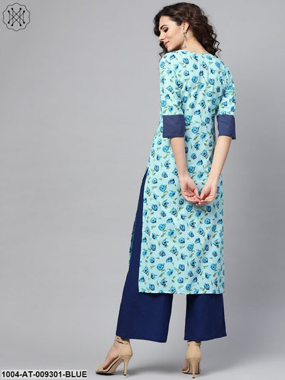 Light Blue Printed Straight Kurta With Round Neck & Solid Cuff Detailing