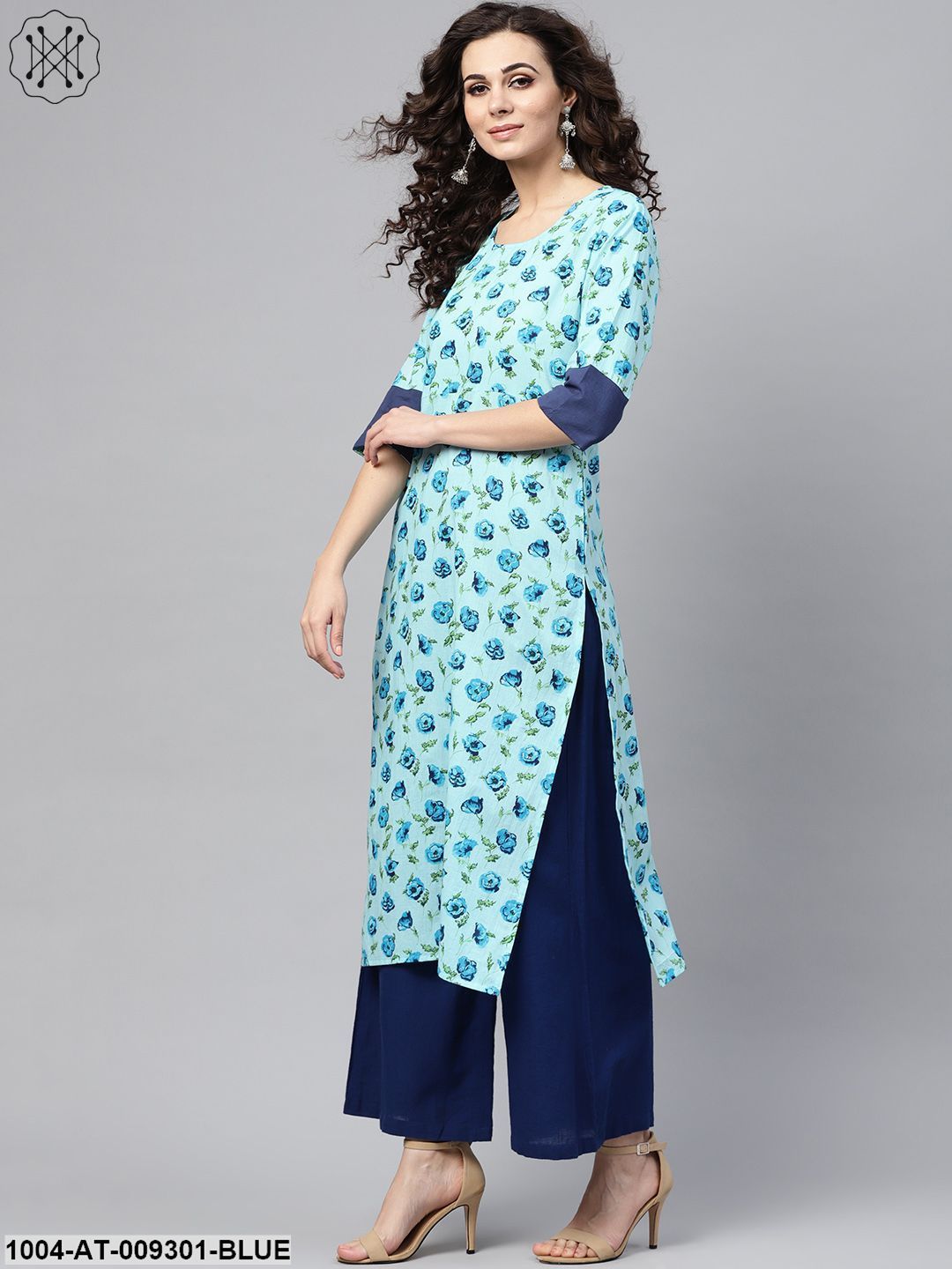 Light Blue Printed Straight Kurta With Round Neck & Solid Cuff Detailing