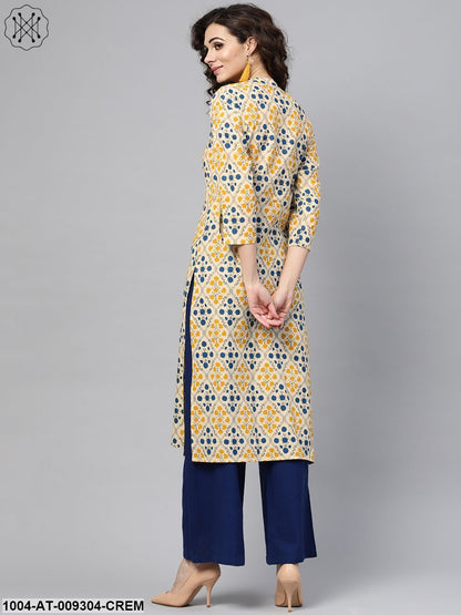 Cream Multi Colored Straight Kurta With Mandarin Collar & 3/4 Sleevs