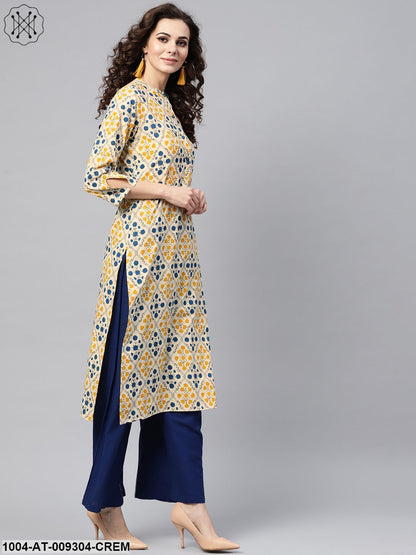 Cream Multi Colored Straight Kurta With Mandarin Collar & 3/4 Sleevs