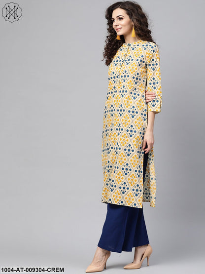 Cream Multi Colored Straight Kurta With Mandarin Collar & 3/4 Sleevs