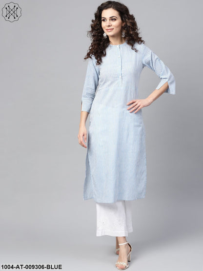 Light Blue Stripped Straight Kurta With Mandarin Collar & 3/4 Sleeves