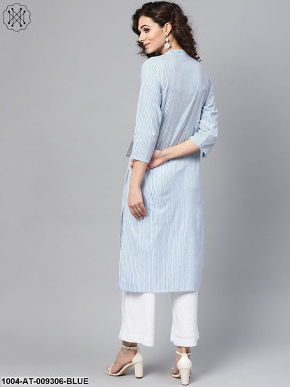 Light Blue Stripped Straight Kurta With Mandarin Collar & 3/4 Sleeves