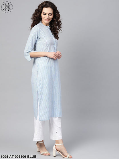 Light Blue Stripped Straight Kurta With Mandarin Collar & 3/4 Sleeves