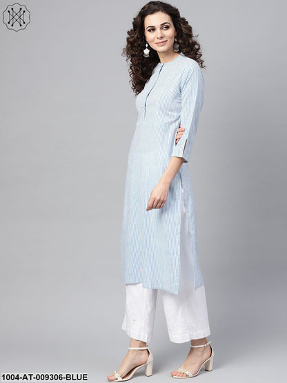 Light Blue Stripped Straight Kurta With Mandarin Collar & 3/4 Sleeves