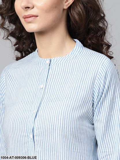 Light Blue Stripped Straight Kurta With Mandarin Collar & 3/4 Sleeves