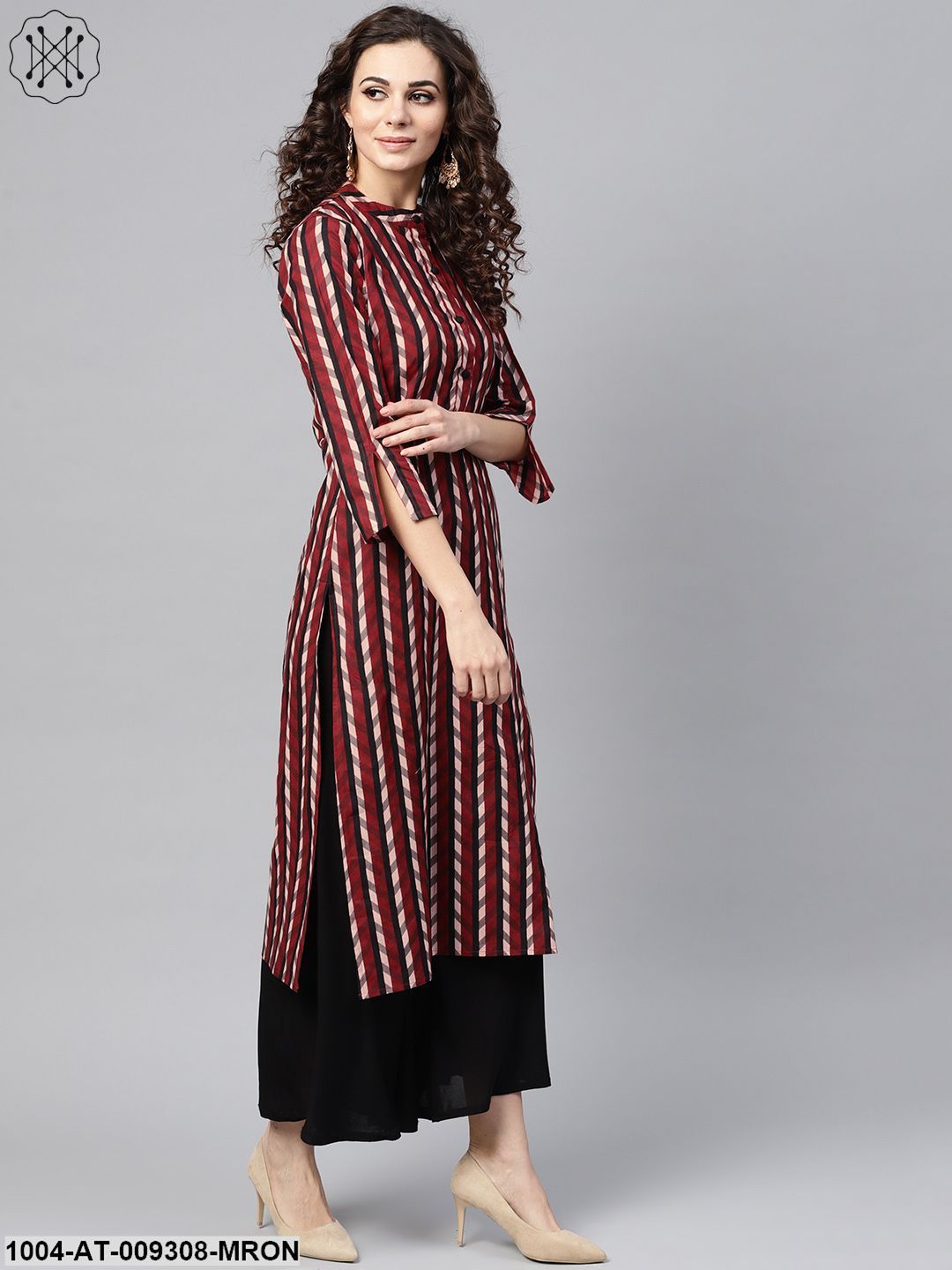 Multi Colored Straight Kurta With Mandarin Collar & 3/4 Sleeves