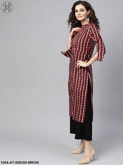 Multi Colored Straight Kurta With Mandarin Collar & 3/4 Sleeves