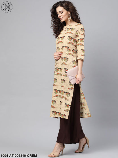 Cream Multi Colored Straight Kurta With Keyhole Neck & 3/4 Sleevs