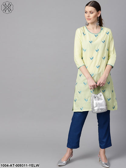 Leaf Embroidered Yellow 3/4Th Sleeve Kurta
