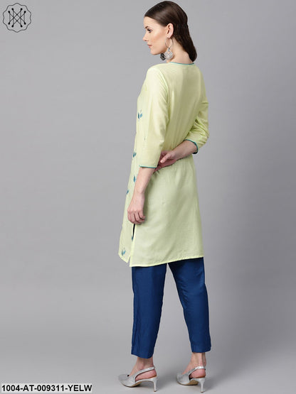 Leaf Embroidered Yellow 3/4Th Sleeve Kurta