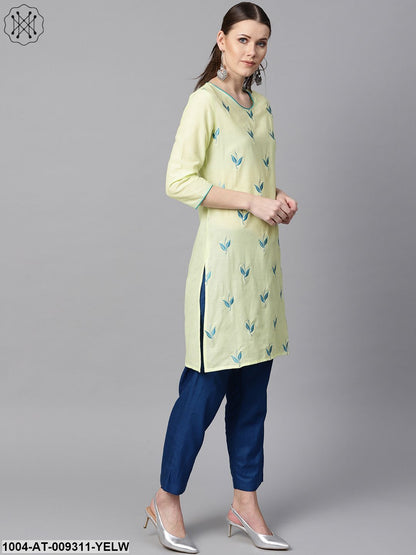 Leaf Embroidered Yellow 3/4Th Sleeve Kurta