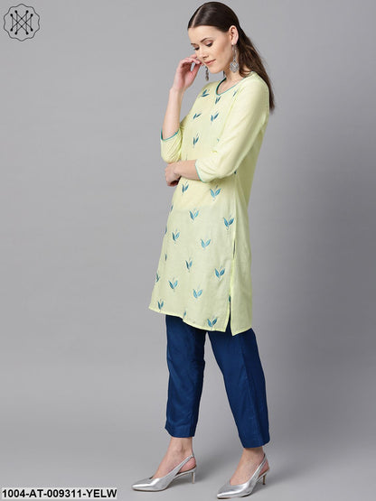 Leaf Embroidered Yellow 3/4Th Sleeve Kurta