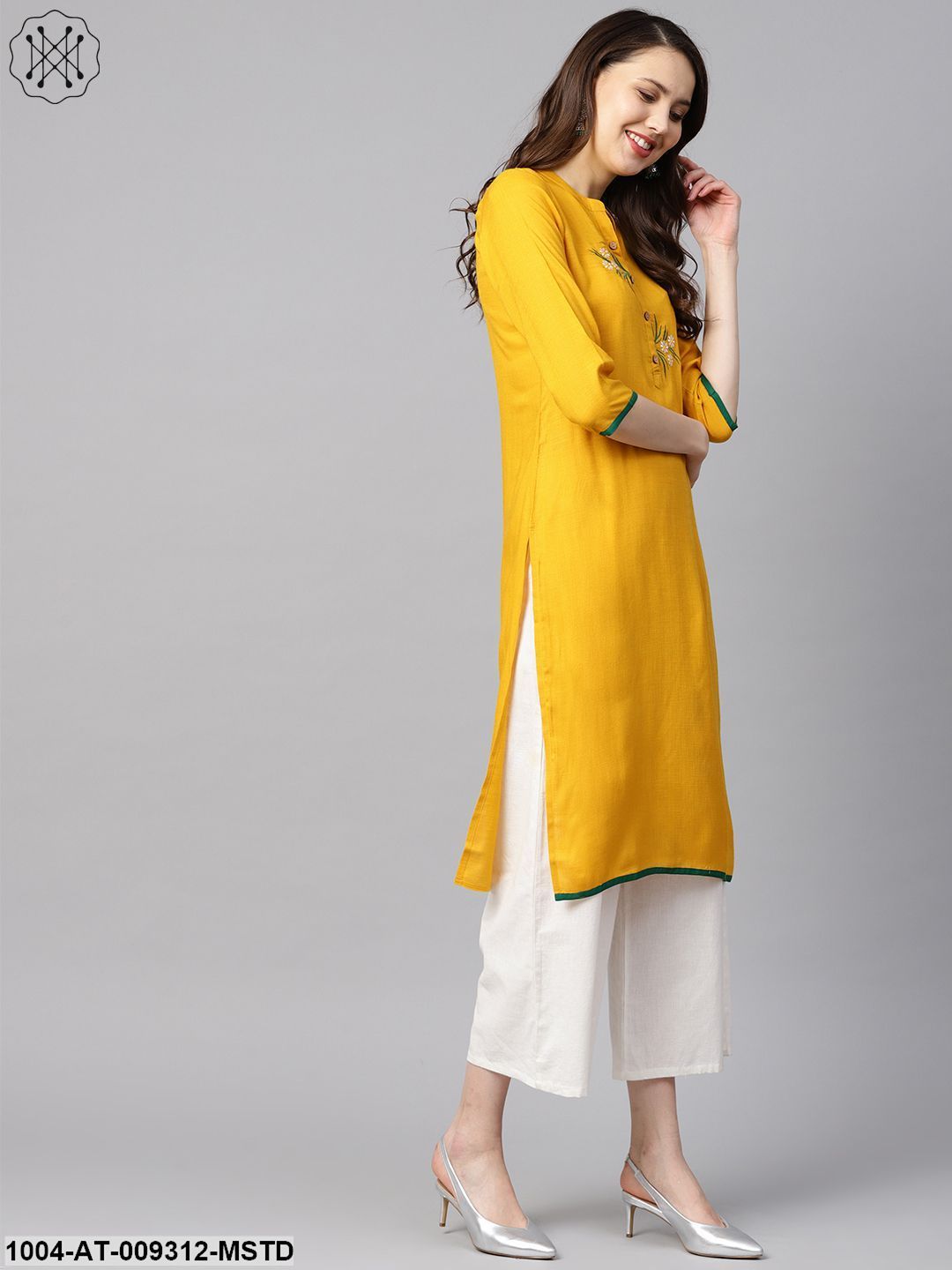 Mustard Yellow Embroidered Straight Rayon Kurta With 3/4Th Sleeves