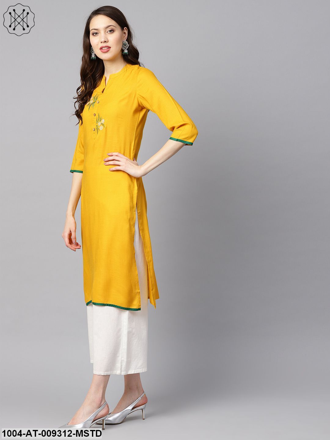 Mustard Yellow Embroidered Straight Rayon Kurta With 3/4Th Sleeves
