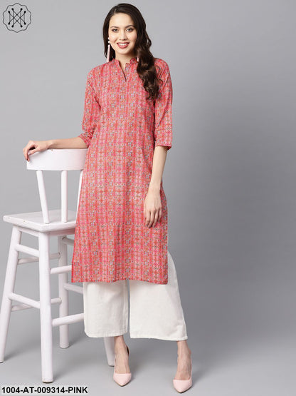 Geometric And Floral Mix Printed Cotton Straight Kurta
