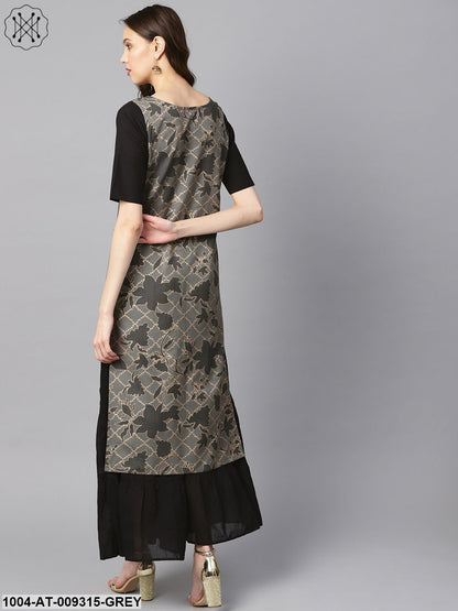 Grey And Gold Floral Printed Keyhole Neck Kurta With Schiffli At Yoke.