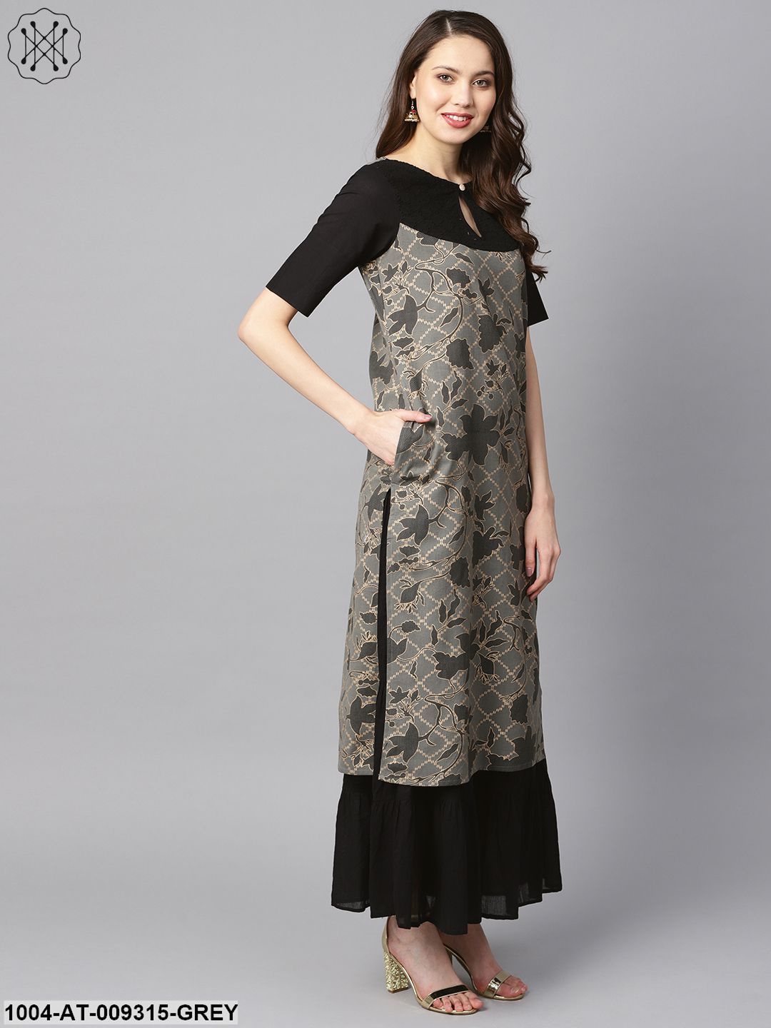 Grey And Gold Floral Printed Keyhole Neck Kurta With Schiffli At Yoke.