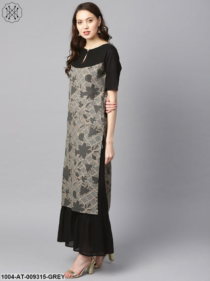 Grey And Gold Floral Printed Keyhole Neck Kurta With Schiffli At Yoke.