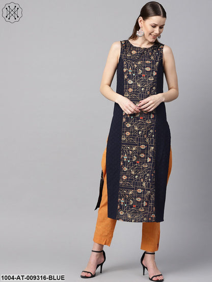 Navy Blue Gold Geometric Printed Sleeveless Kurta With Panneled Schiffli