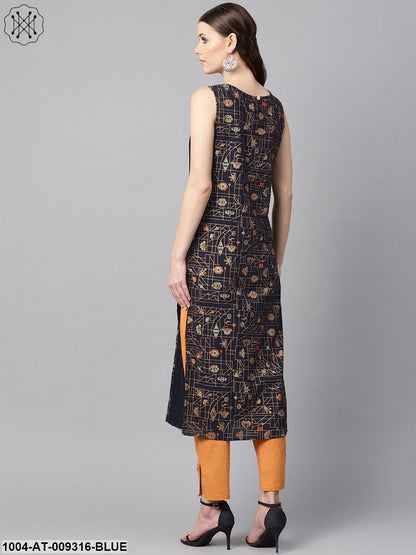 Navy Blue Gold Geometric Printed Sleeveless Kurta With Panneled Schiffli