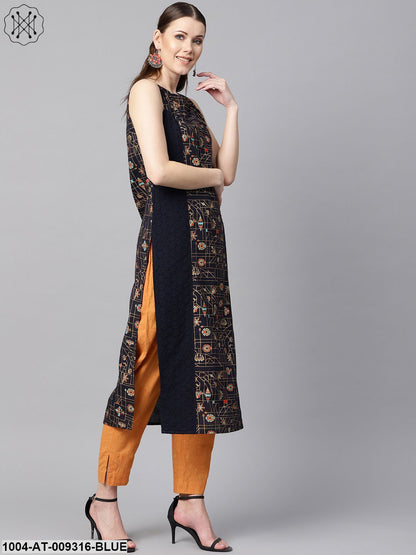 Navy Blue Gold Geometric Printed Sleeveless Kurta With Panneled Schiffli