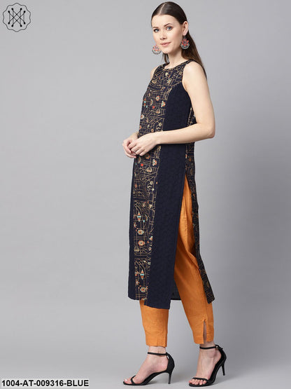 Navy Blue Gold Geometric Printed Sleeveless Kurta With Panneled Schiffli