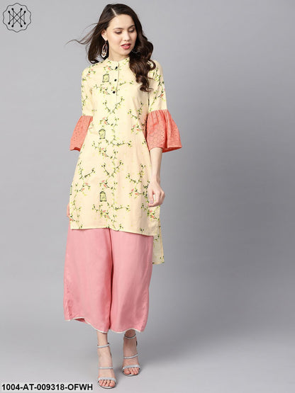 Off-White Floral Printed High-Low Flared Schiffli Sleeves Kurta.