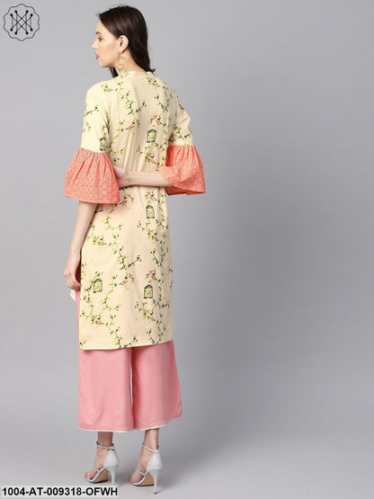 Off-White Floral Printed High-Low Flared Schiffli Sleeves Kurta.