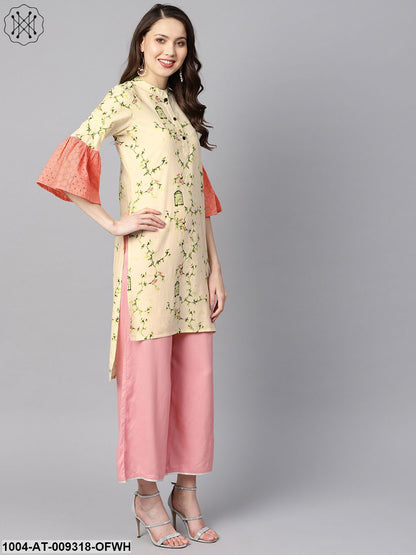 Off-White Floral Printed High-Low Flared Schiffli Sleeves Kurta.