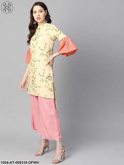 Off-White Floral Printed High-Low Flared Schiffli Sleeves Kurta.