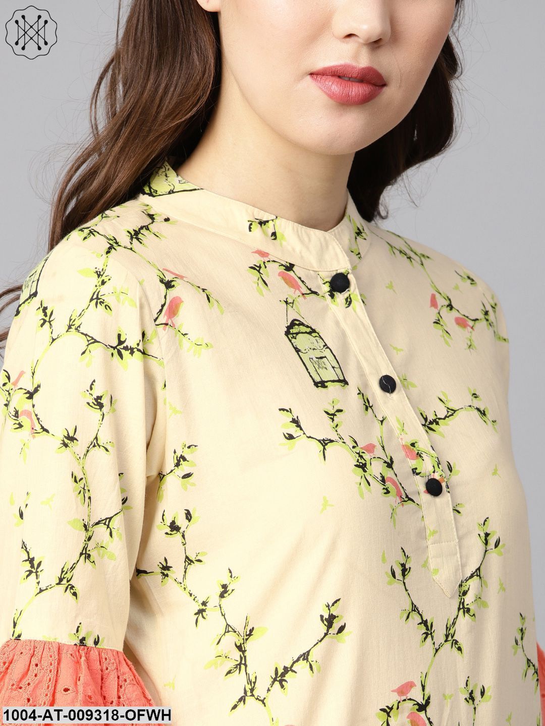 Off-White Floral Printed High-Low Flared Schiffli Sleeves Kurta.