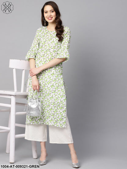 White And Green Colored Kurta With Flared Sleeves & Round Neck
