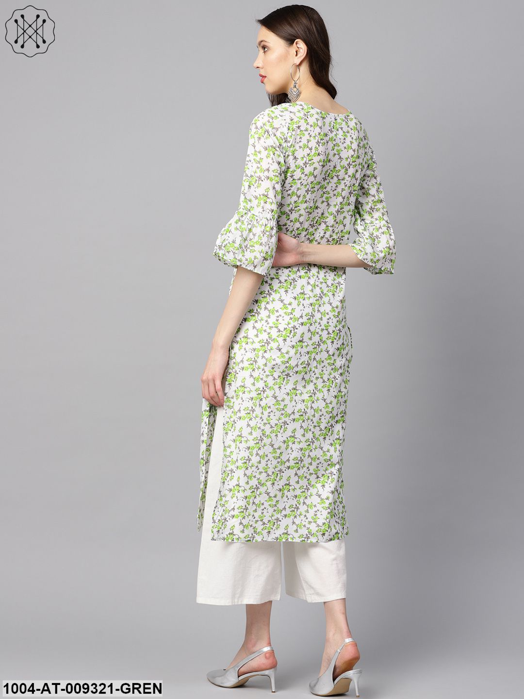 White And Green Colored Kurta With Flared Sleeves & Round Neck