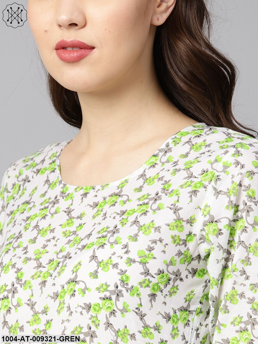 White And Green Colored Kurta With Flared Sleeves & Round Neck