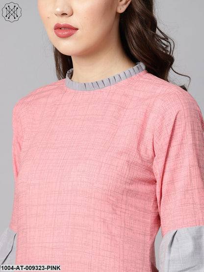 Light Pink Kurta With Pleated Neckline With Flared Sleeves