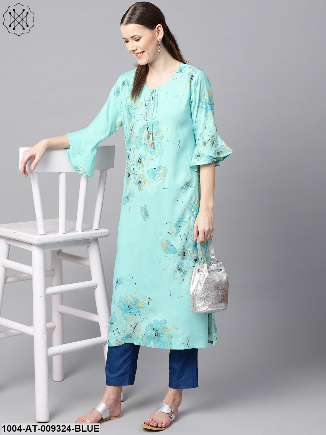 Sky Blue Floral Foil Printed Round Neck With V-Slit And Tassels Detailing Flared Sleeve Straight Kurta