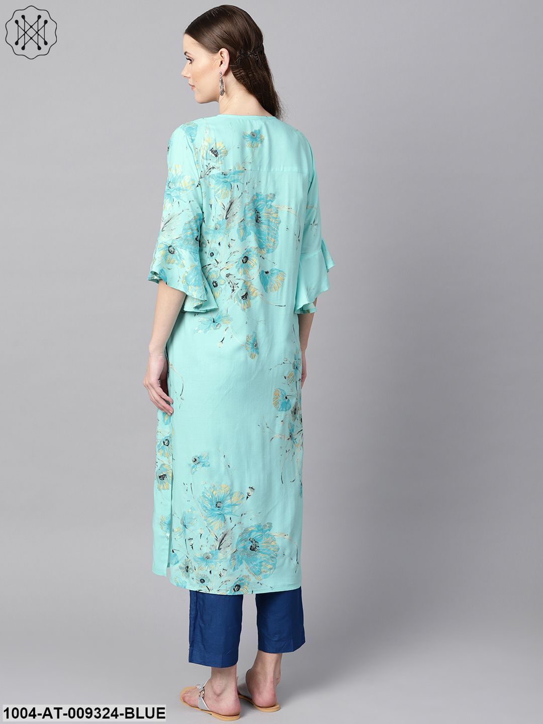 Sky Blue Floral Foil Printed Round Neck With V-Slit And Tassels Detailing Flared Sleeve Straight Kurta